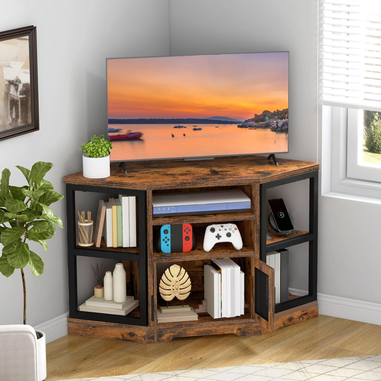DWVO Farmhouse Corner TV Stand for Living Room, TV Stand for 55 Inch TV, Entertainment Center with Storage and Power Outlet, TV Console Cabinet, Rustic Brown DWVO