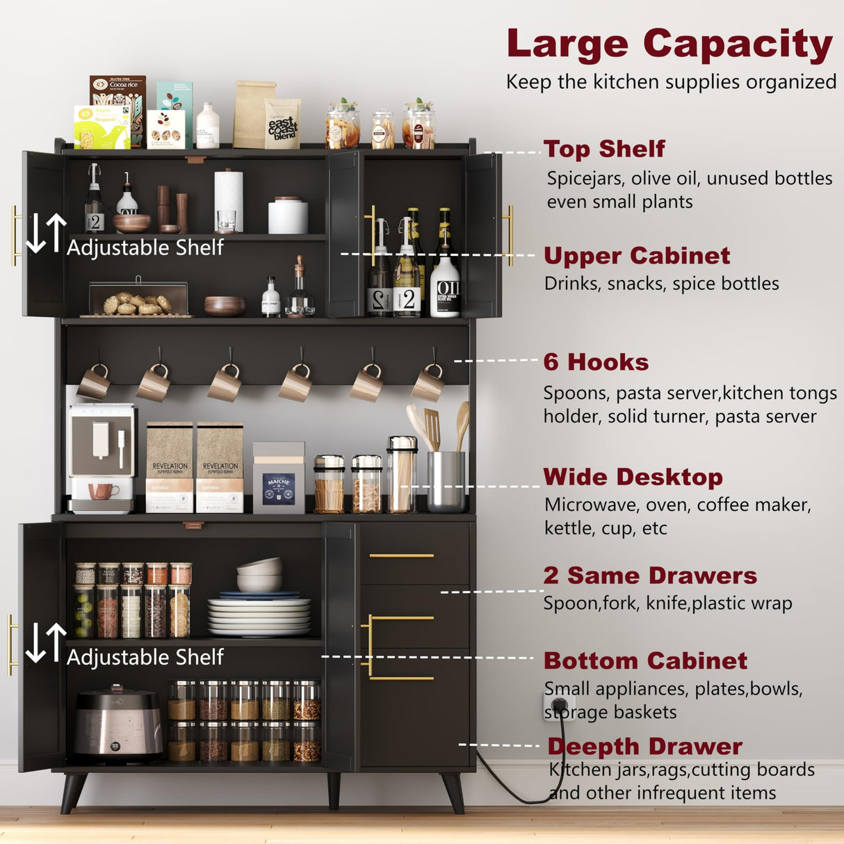 Rovaurx 70.9" Kitchen Pantry Cabinet with Microwave Shelf, Rattan Freestanding Storage Cabinet with Charging Station, Sideboard Buffet Cabinet with Drawers and Doors, Black and Natural KBG002BME Rovaurx