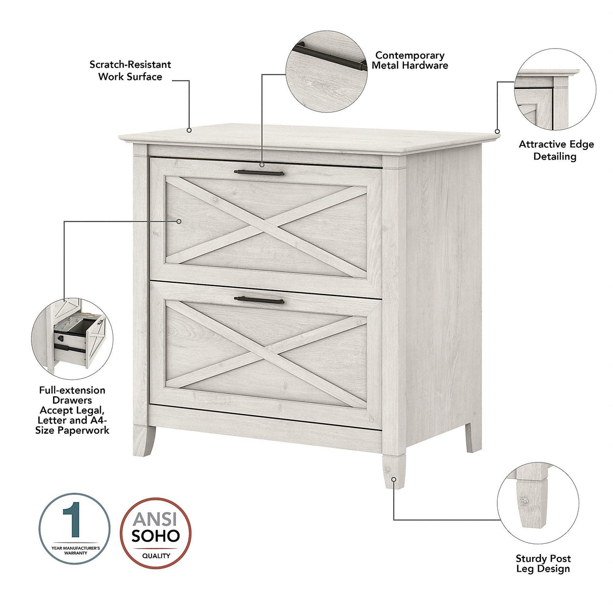 Bush Furniture Key West 54W Computer Desk with Storage and 2 Drawer Lateral File Cabinet in Linen White Oak Bush Business Furniture