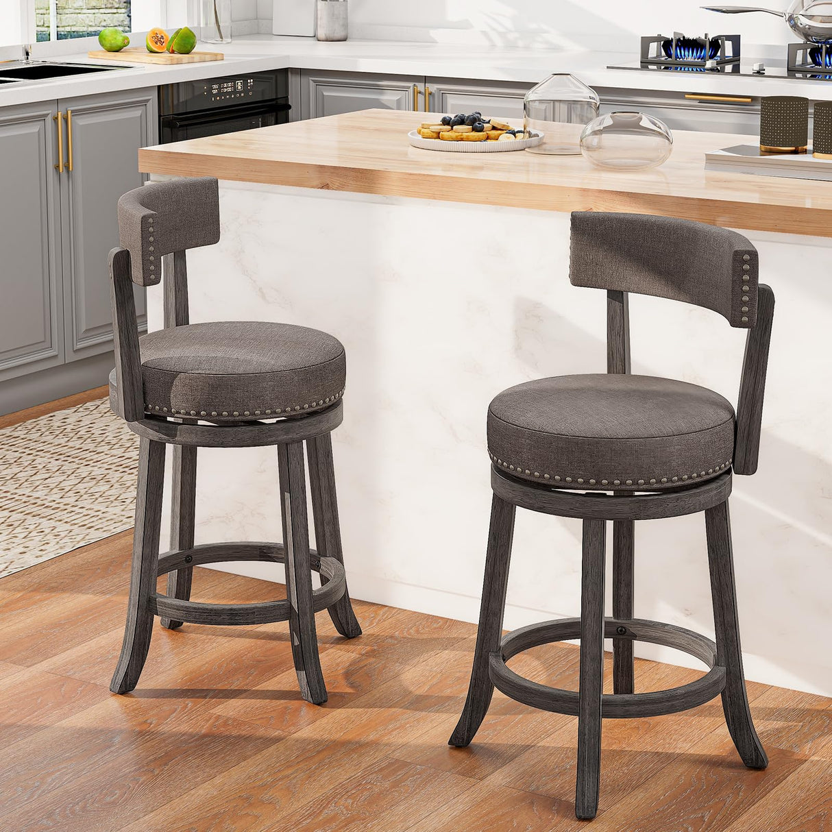 COSTWAY Bar Stools Set of 4, Upholstered Farmhouse Bar stools with Cushioned Seat & Backrest, Solid Wood Legs, Footrest, 26” Counter Height Swivel Stools for Kitchen Island, Pub (4, 26'' Seat Height) COSTWAY
