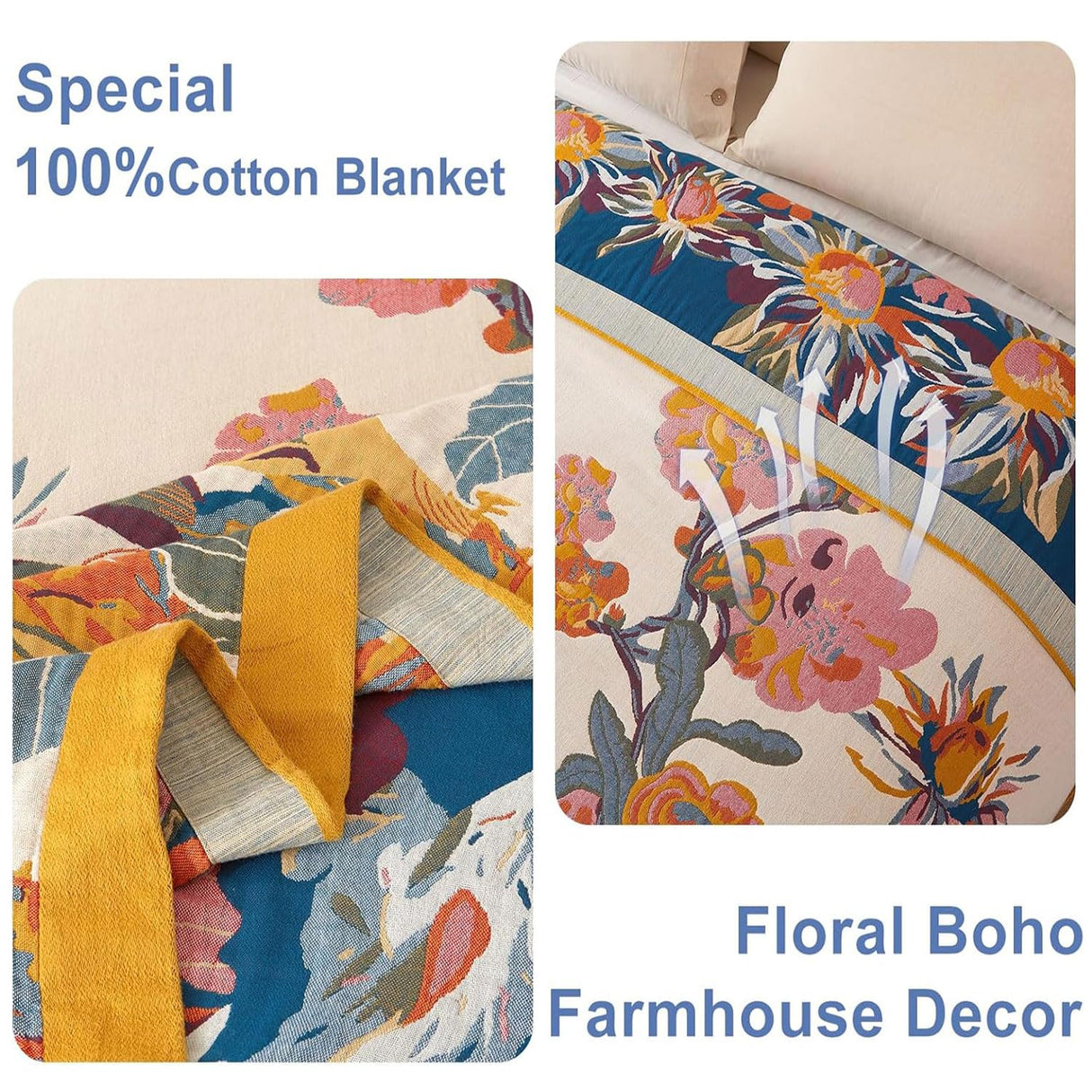 Wzvzss Boho Throw Blanket - 100% Cotton Soft Throw Blanket for Bed, 50"x60" Reversible Breathable Lightweight Fall Blankets, All Seasons Farmhouse Decor Floral Plant Butterfly Throw Quilt Wzvzss