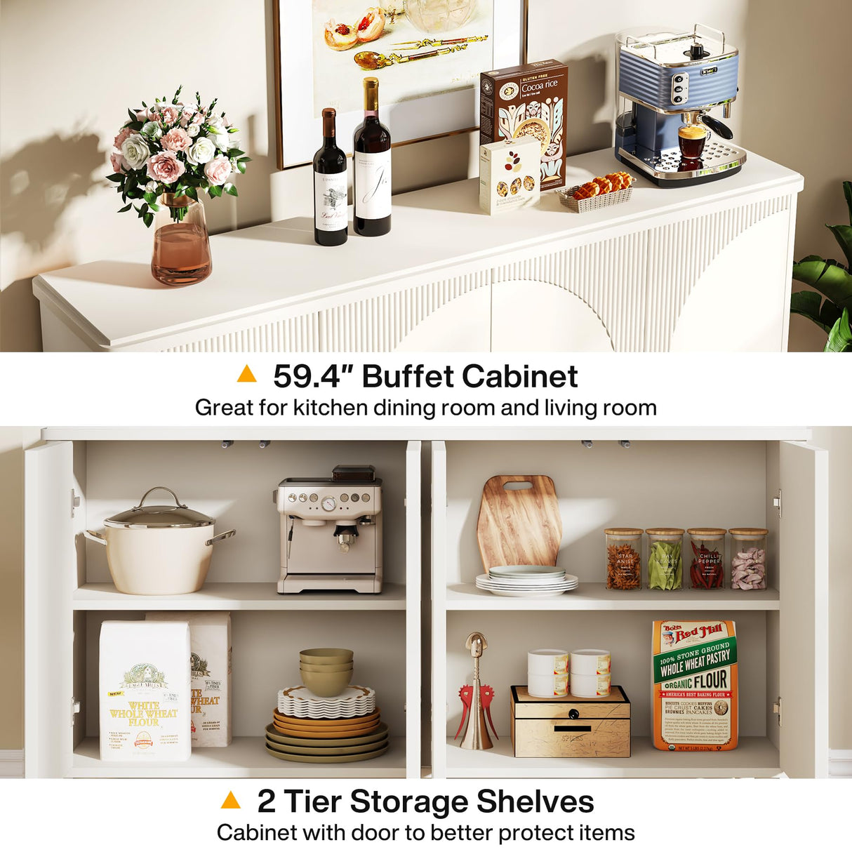 Tribesigns Buffet Cabinet Sideboard with Storage, 59.4-Inch White Storage Cabinet Modern Sideboard Buffet Table with Doors for Living Room Kitchen Dining Room Tribesigns