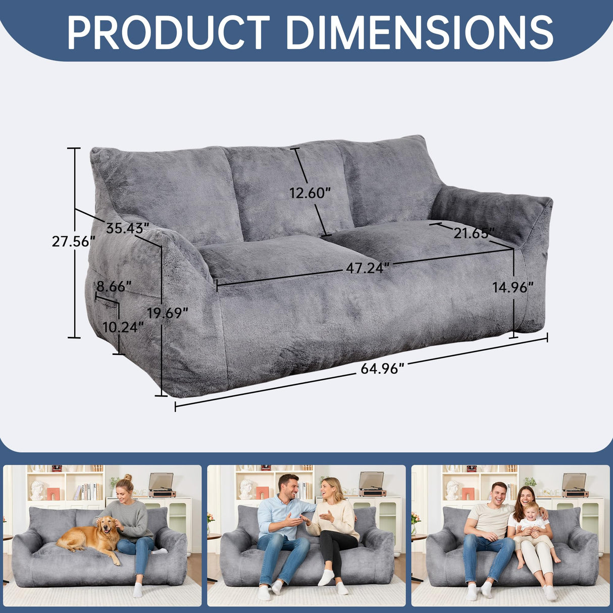 Cvortll Faux Fur Loveseat Couch, Oversized Lounge Sofa for Adults, Fluffy Lazy Sofa with Soft Stuffed Filling, Big Comfy Couch, Boneless Couches for Living Room, Bedroom, Dark Gray Cvortll