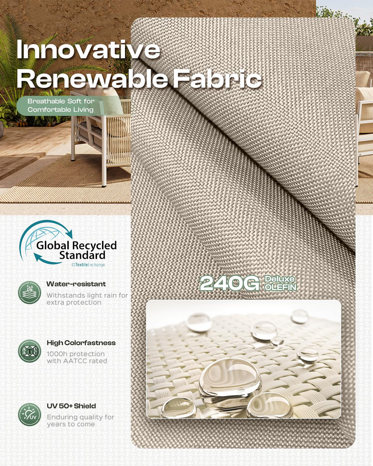 Oasbira Aluminum Outdoor Patio Furniture Set, HDPE Rope 5 Piece Modern Sectional Conversation Sets with Dual-Layer Coffee Table, All Weather Patio Couch Set with Thick Cushions, Silver Frame, Beige Oasbira