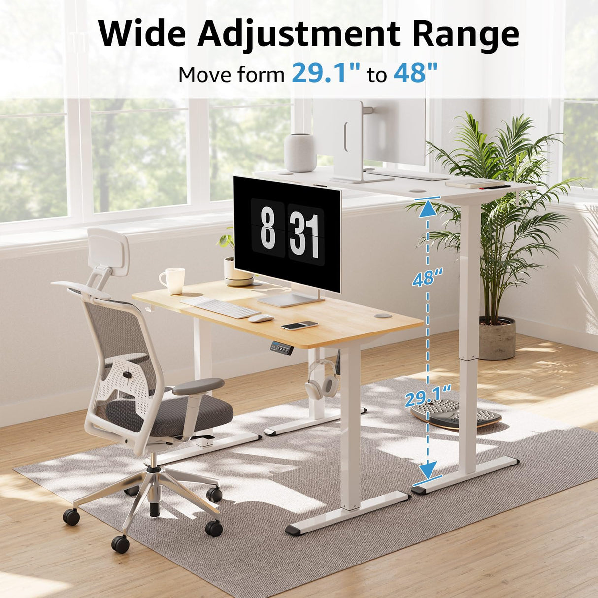 MOUNTUP Height Adjustable Electric Standing Desk Whole-Piece, 48 x 24 Inches Quick Assembly Sit Stand Desk, Stand Up Desk with Memory Controller, Ergonomic Desk, Oak MOUNTUP