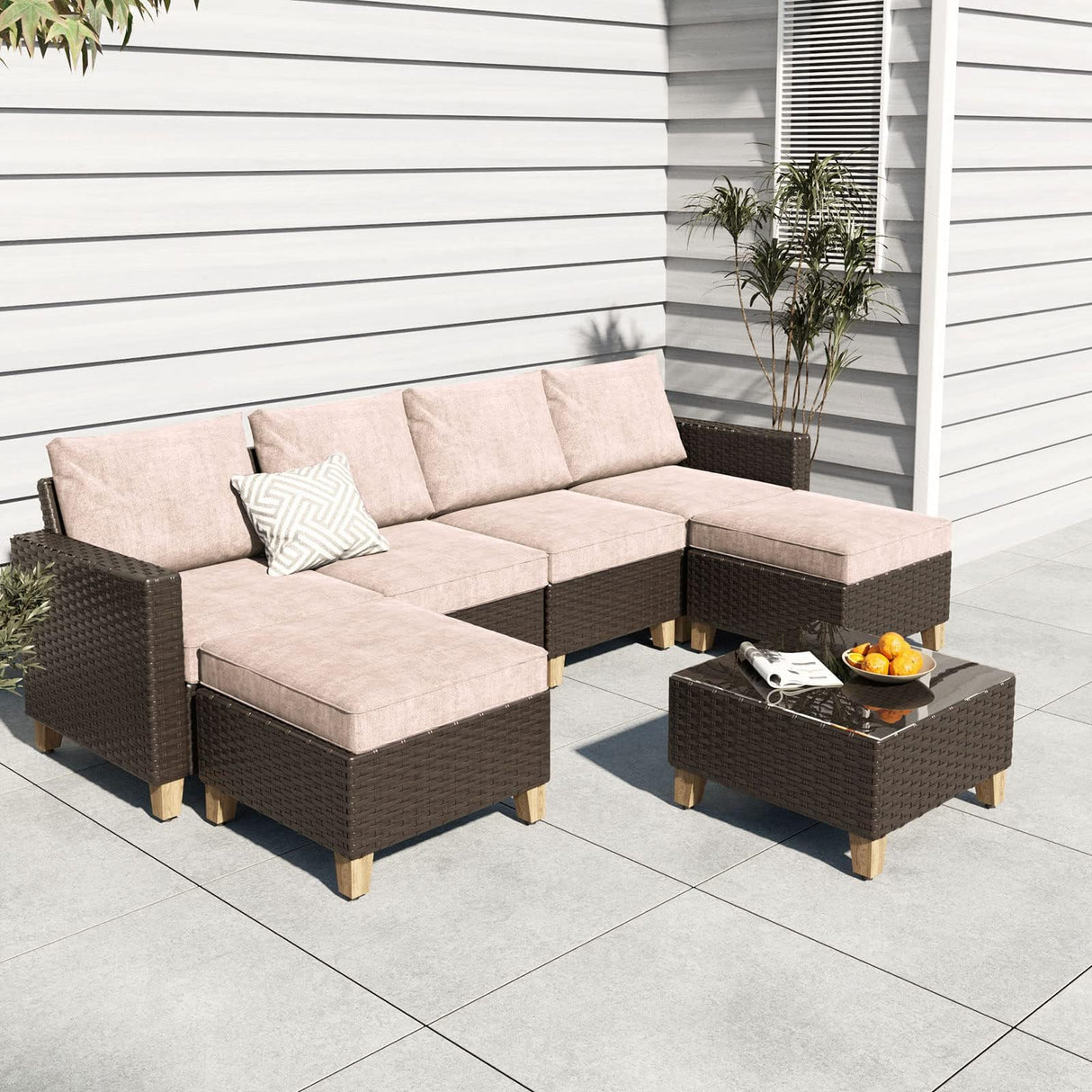 Grand patio Sofa Sets Outdoor Furniture Sets, Wicker Patio Furniture 7-Piece Sectional Sofa with Thick Olefin Cushions for Yard Garden Porch for Six (Beige Sofa Set for Six, 7 PCS) Grand patio