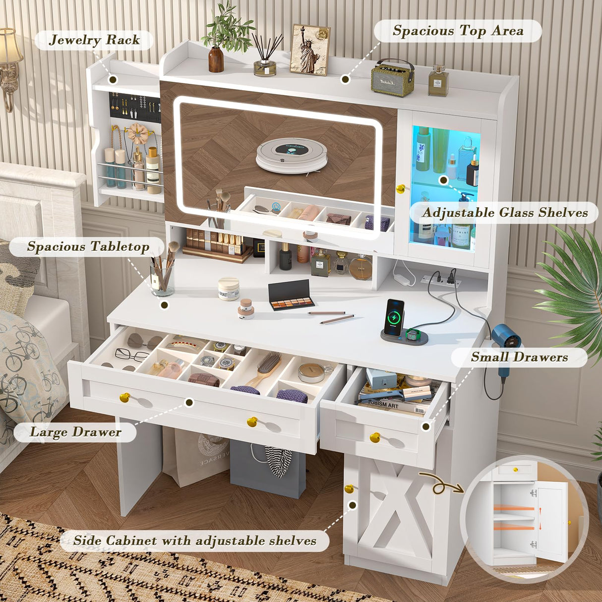 CSZZD Vanity Desk with Mirror and Lights, White Makeup Vanity Desk with Charging Station, Dressing Table with Storage Drawers, RGB Cabinets and Hidden Jewelry Rack for Bedroom, 3 LED Light Modes CSZZD