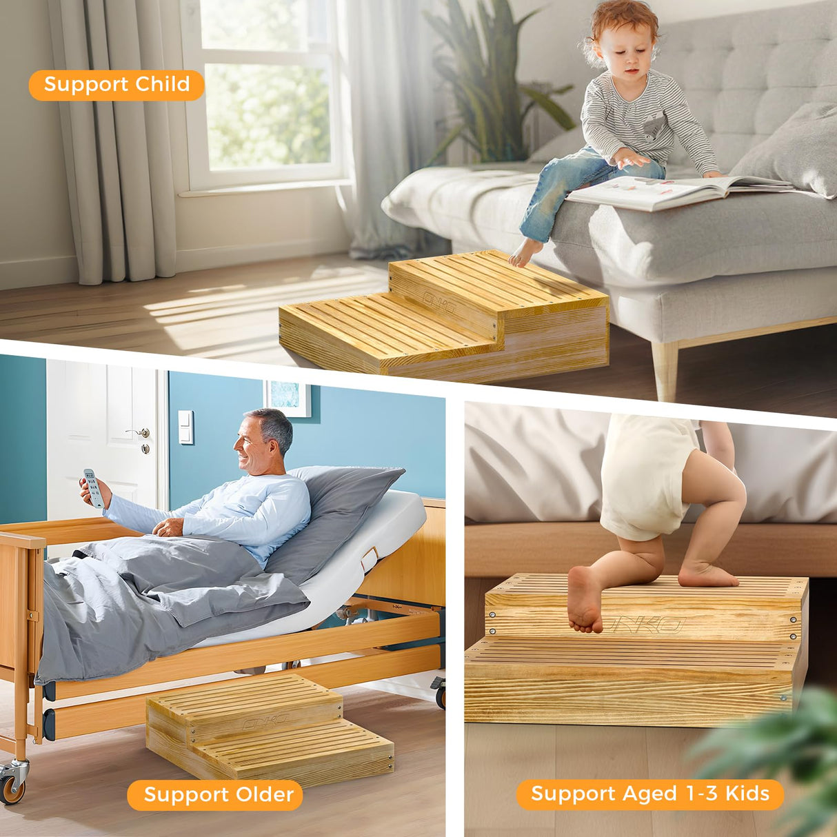 Wooden 2 Step Stool for Toddlers, Elderly Step Stool 6 Inches Height Bedside Kids Wooden Step Stool Stair Assist for High Bed, Bathroom, Garden Nature Solid Large Wood Stool, Indoor Outdoor 500 LBS ONKO