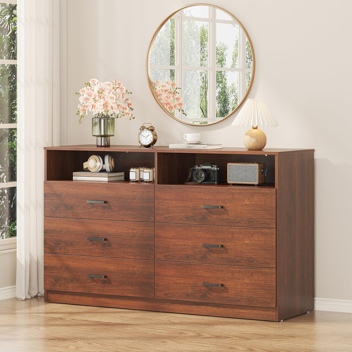 Bigbiglife 6 Drawers Dresser for Bedroom Wooden Drawer with Open Storage Cubby, Double Wide Dresser Organizer for Bedroom, Living Room, Entryway, Hallway (Walnut Brown) Bigbiglife