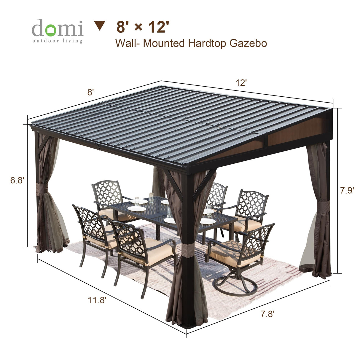 Domi 8x12FT Lean to Gazebo, Outdoor Hardtop Wall Mounted Gazebo with Sloping Galvanized Steel Roof, Aluminum Frame Mounted Gazebo with Netting and Curtain Included for Deck, Porch, Backyard domi outdoor living
