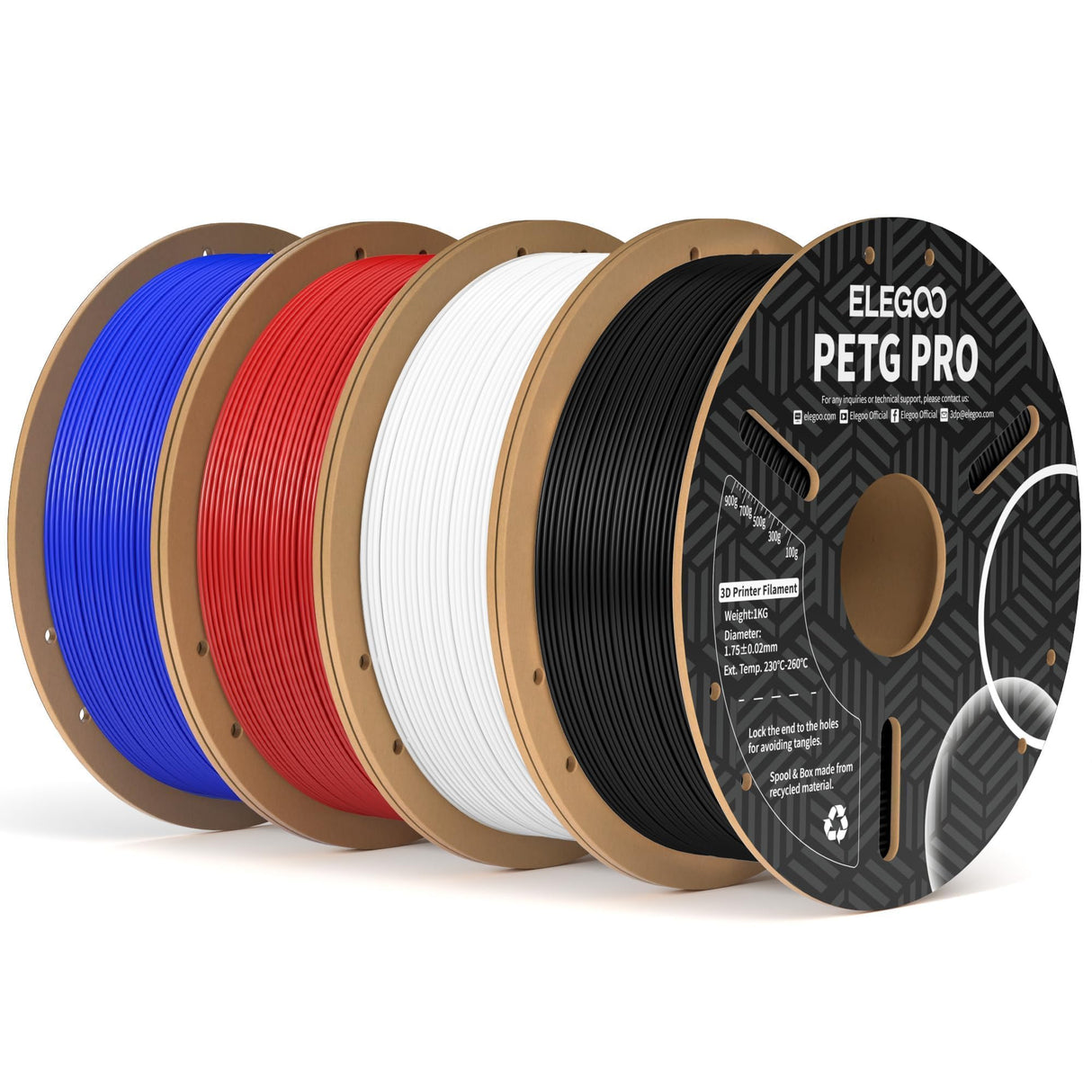 ELEGOO PETG PRO Filament 1.75mm Bundle 4KG, Strong 3D Printer Filament Dimensional Accuracy +/- 0.02 mm, 1kg Cardboard Spool(2.2lbs) for Most FDM 3D Printers(Black, White, Blue, Red) ELEGOO