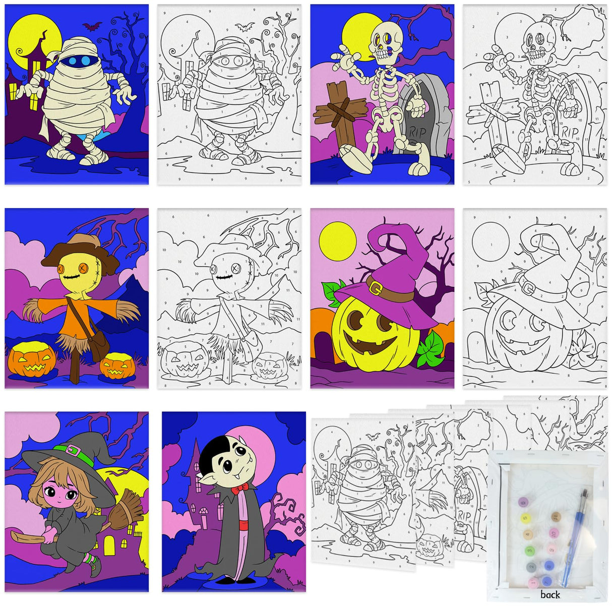 6 Packs Halloween Pre Drawn Stretched Canvas Paint by Numbers Kit with Framed Canvas brushes acrylic paint Halloween DIY Acrylic Landscape Oil Painting Arts Crafts for Beginners, Students, Party Favor Yizeda