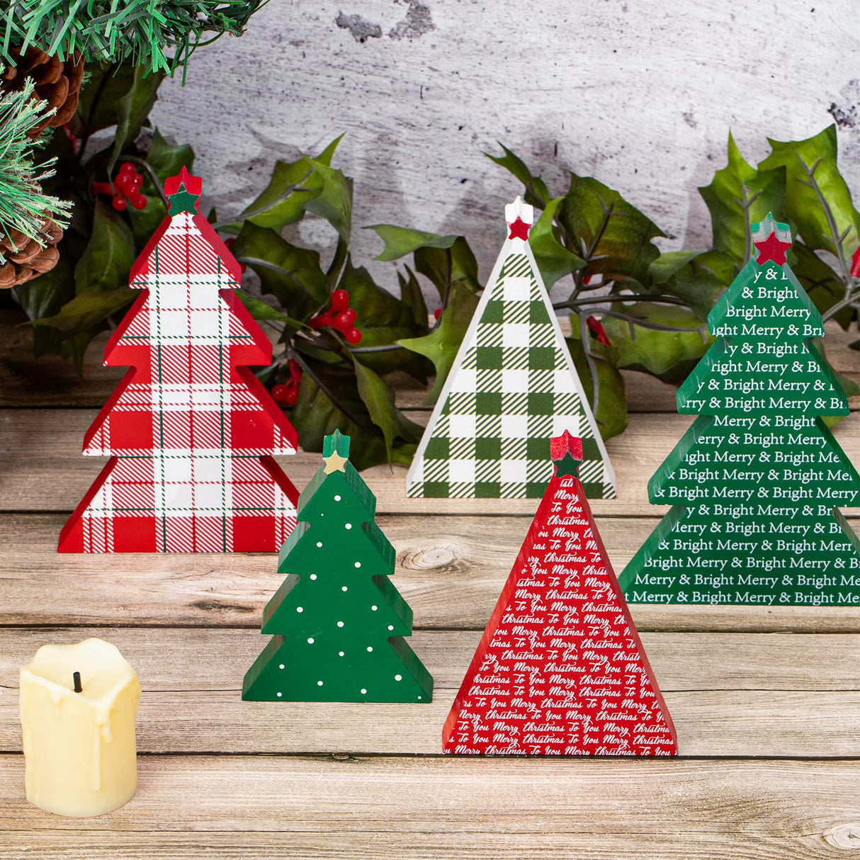 Whaline 5Pcs Wooden Christmas Tree Tabletop Decoration 3 Sizes Red Green Plaid Xmas Tree Table Centerpieces Rustic Sanding Christmas Tree Wood Sign for Home Office Fireplace Farmhouse Whaline