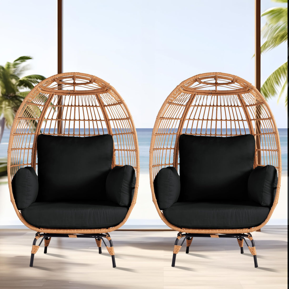 OTSUN Outdoor Egg Chair Set of 2, PE Wicker Chair with 4 Thicken Cushions, Oversized Indoor Chairs with Durable Steel Frame Perfect for Balcony, Backyard, Bedroom, Patio Chairs 440 lbs Capacity, Black OTSUN
