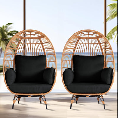 OTSUN Outdoor Egg Chair Set of 2, PE Wicker Chair with 4 Thicken Cushions, Oversized Indoor Chairs with Durable Steel Frame Perfect for Balcony, Backyard, Bedroom, Patio Chairs 440 lbs Capacity, Black