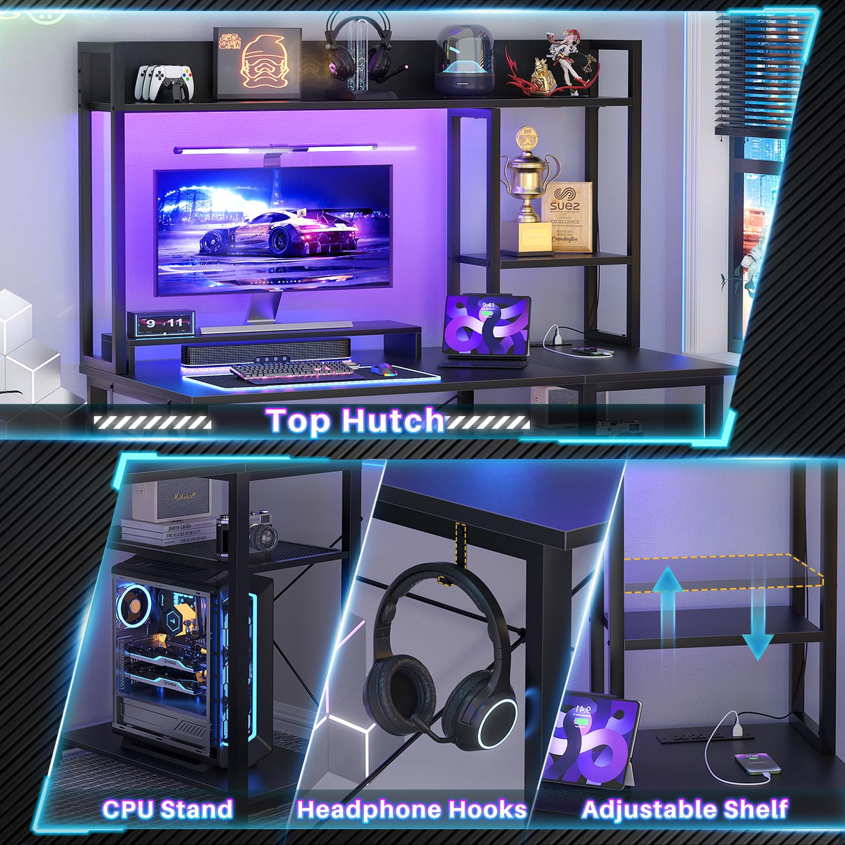 Cyclysio Gaming Desk with Hutch, 39'' Computer Desk with LED Lights & Power Outlets, Home Office Desk with Reversible 5 Tiers Storage Shelves & Monitor Stand, Small Gaming Table for Small Space, Black Cyclysio