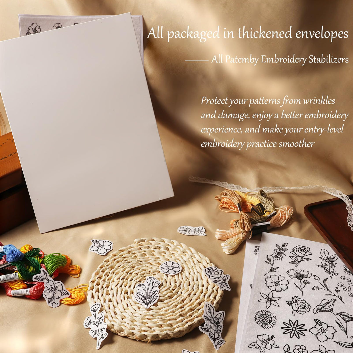 Patemby 50Pcs Water Soluble Embroidery Stabilizers, Stick and Stitch Embroidery Paper with Pre-Printed Flowers and Leaves Pattern Transfers for Hand Sewing Lover Beginners (Flower) Patemby