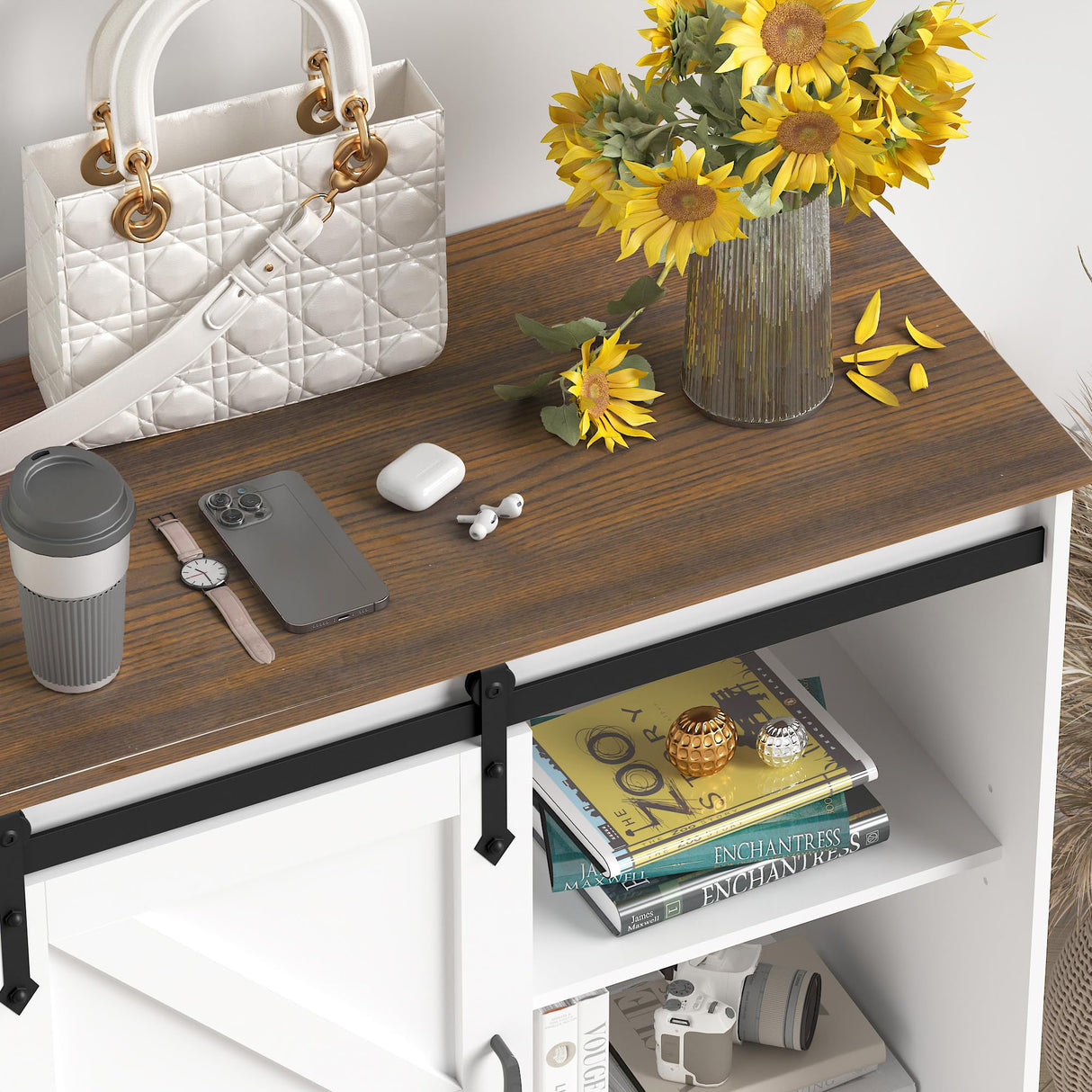 Hlivelood Farmhouse Coffee Bar Cabinet, White Buffet Storage Cabinet with Sliding Barn Door, 31.5” Kitchen Sideboard Accent Cabinet Adjustable Shelf, Dining Room Living Room Entryway, White & Brown Hlivelood