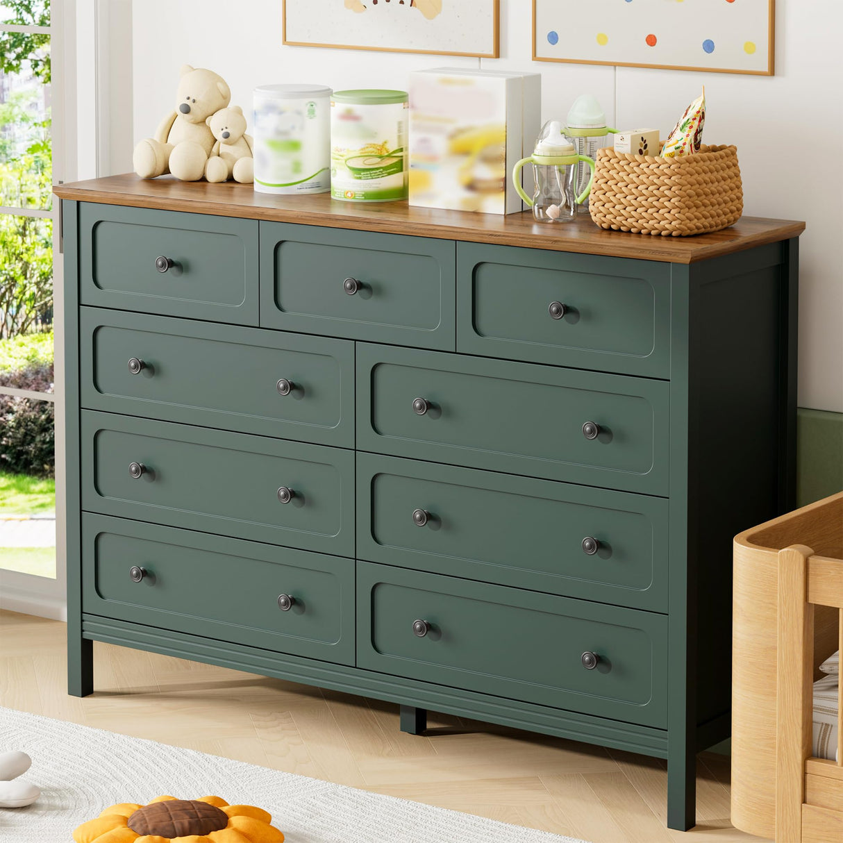 Tradare Dresser for Bedoom, Modern Chest of Drawers, Wood 9 Drawer Dresser with Metal Handles, Storage Organizer Wide Dressers for Living Room, Hallway, Entryway, Green Tradare