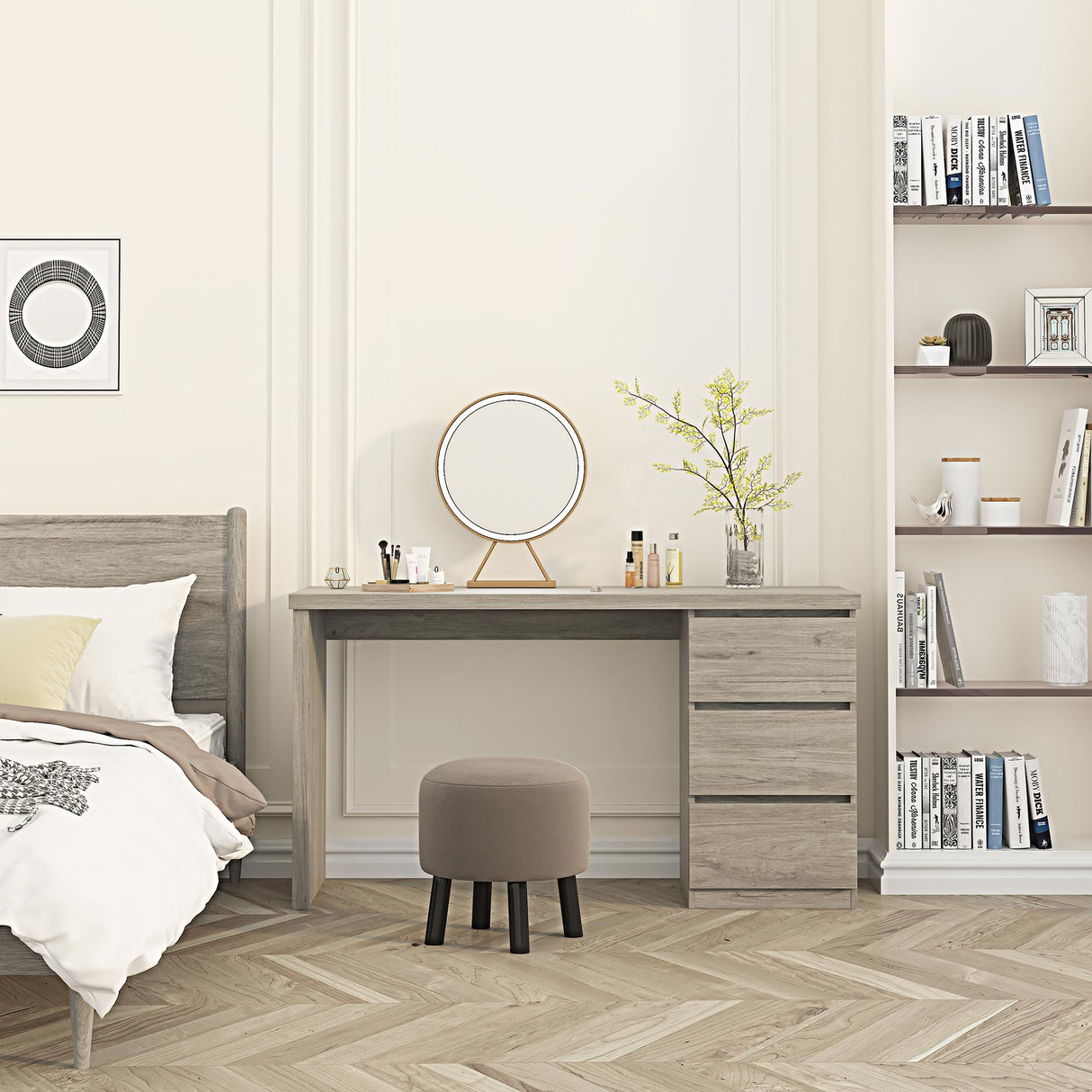 furtble Computer Desk with drawers, Wood Work Desk, Home Office PC Desk Workstation with Storage, Farmhouse Computer Table for Bedroom, Living Room, 53.5 inches, Grey Oak furtble