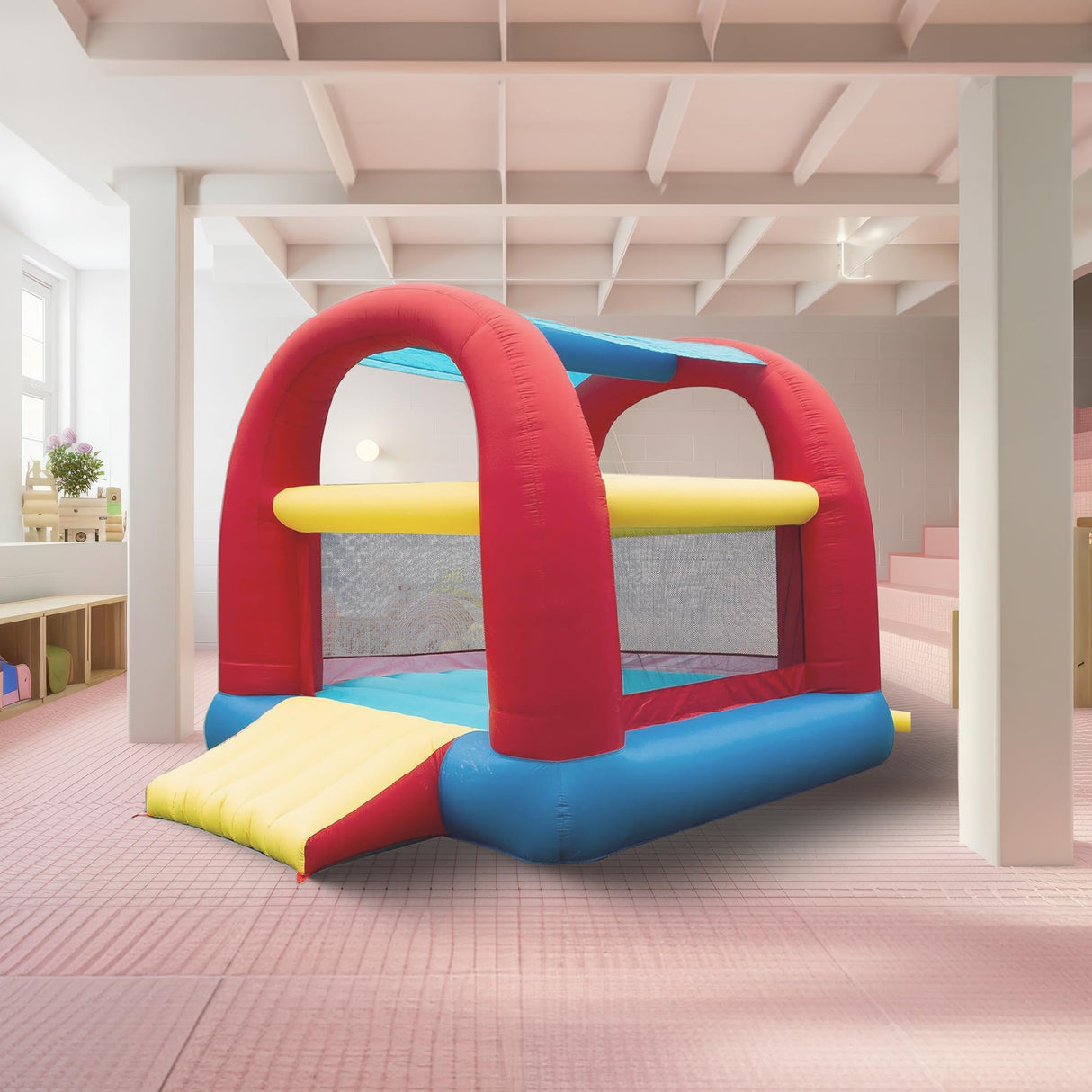 Banzai Bounce ’N’ Slide Cool Canopy Inflatable Indoor Outdoor Bounce House with Slide and Blower BANZAI