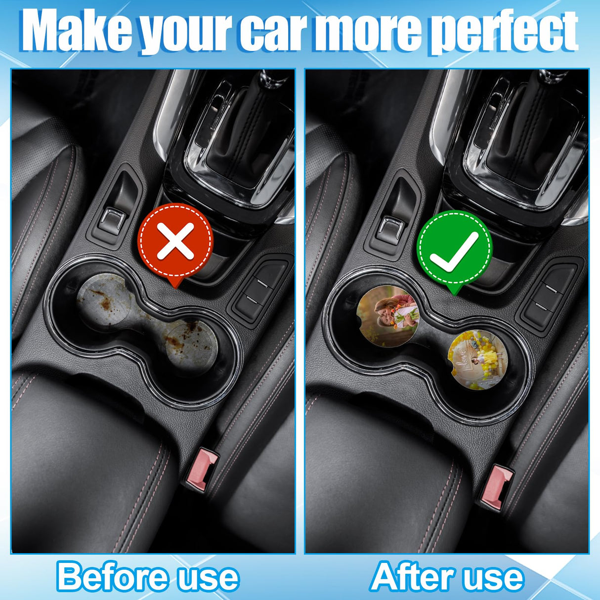 Guiqulai 48PCS Ceramic Car Sublimation Blanks Cupholders,Absorbent Ceramic Sublimation Coasters Blanks with Finger Notch,2.6'' Ceramic Stone Car Cup Coasters with Cork Back for Keeping Drink Spill Guiqulai