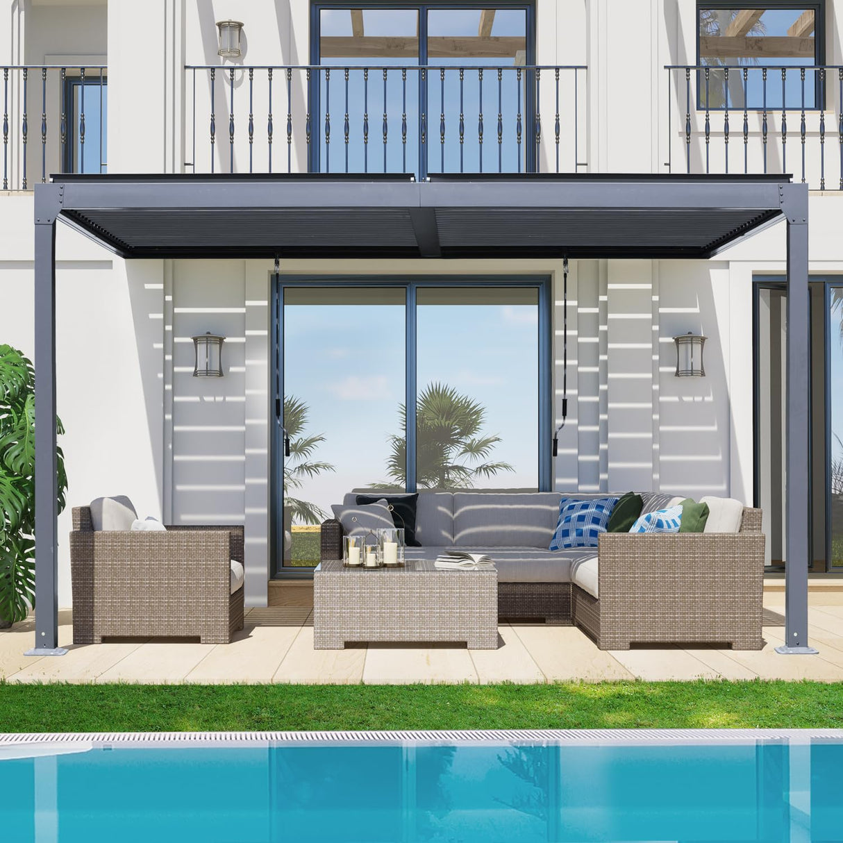 BPS 13 x 10 ft. Outdoor Aluminum Wall Mounted Louvered Pergola Waterproof Gazebo Sun Shade Shelter with 2 Adjustable Rainproof Panels for Patio, Garden, Backyard Lawn & Garden - Dark Gray BPS