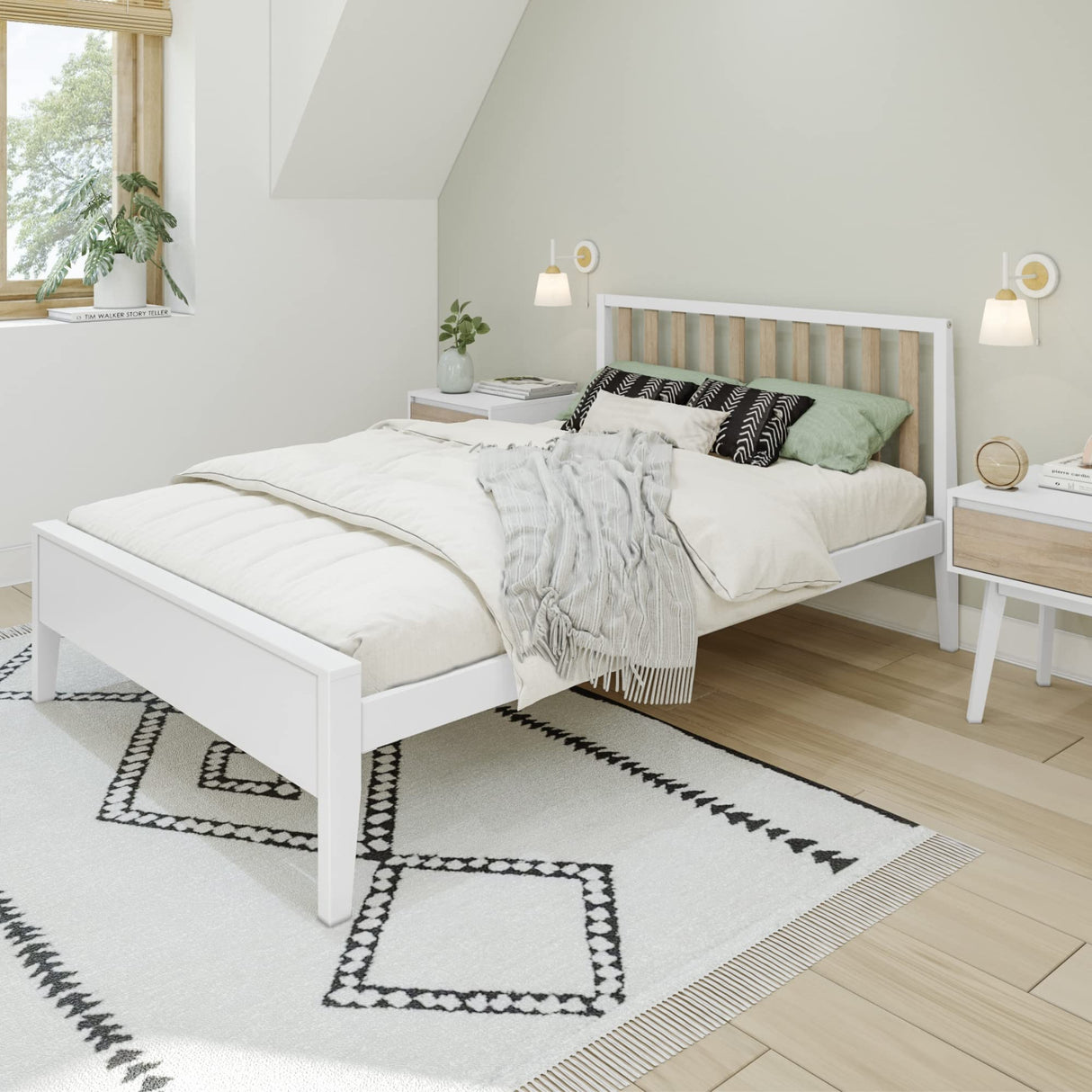 Max & Lily Scandinavian Full Bed for Kids, Solid Wood Twin Frame with Slatted Headboard in White/Blonde Max & Lily