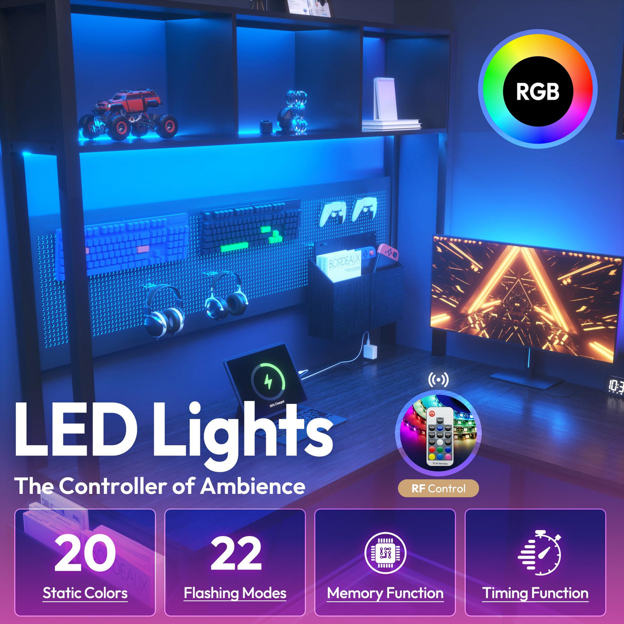 Dowinx L Shaped Desk with Pegboard and Removable Filing Cabinet, Reversible 67” Computer Gaming Desk with Power Outlet and Led, Office Corner Desk with Storage for Home Game, Black Dowinx