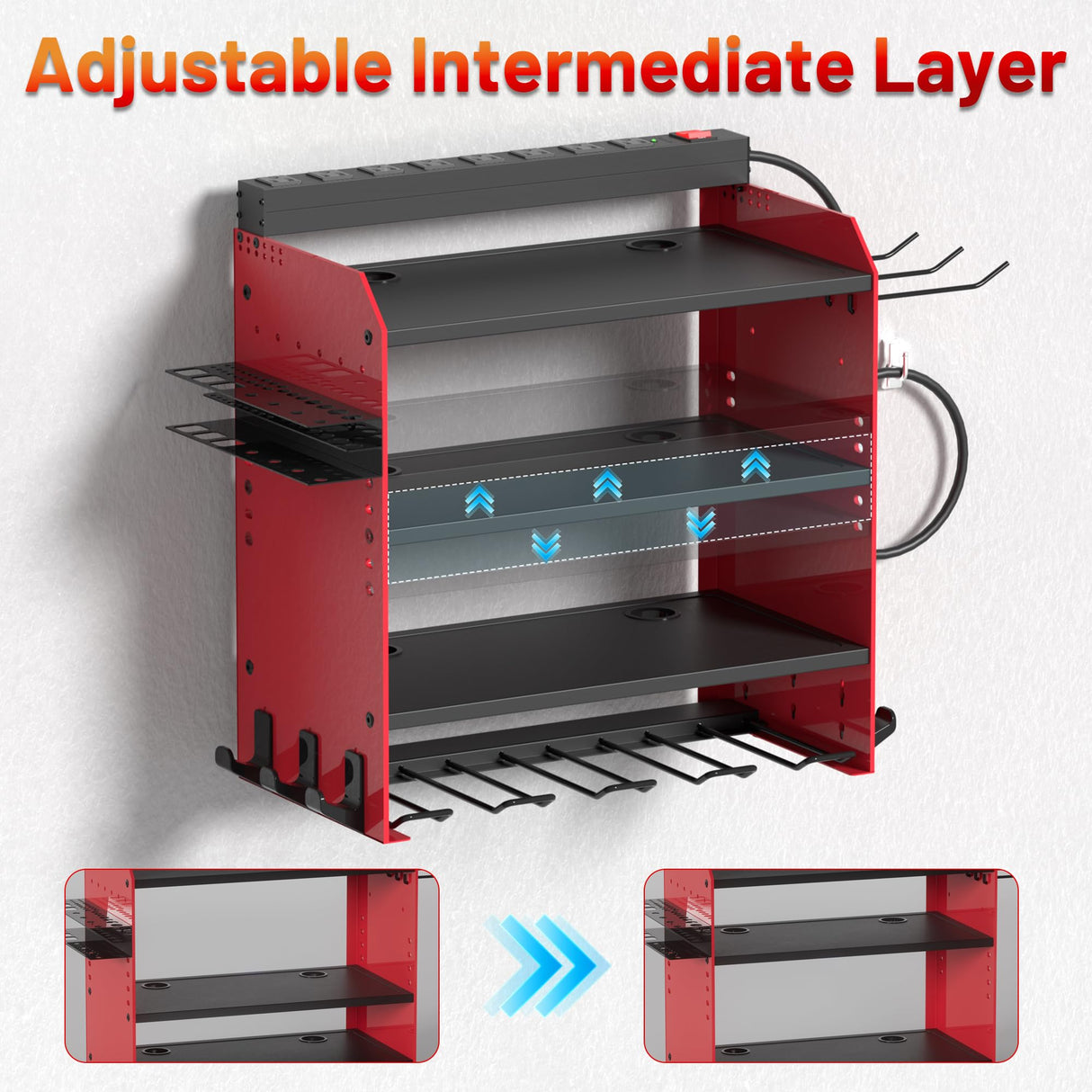 Power Tool Organizer Wall Mount with Charging Station, Garage 4 Drill Storage Shelf with Cordless Tool Holder, Heavy Duty Rack with 8 Outlet Power Strips and Hooks, Gift for Men, Husband (4 Layer) OKCHILD