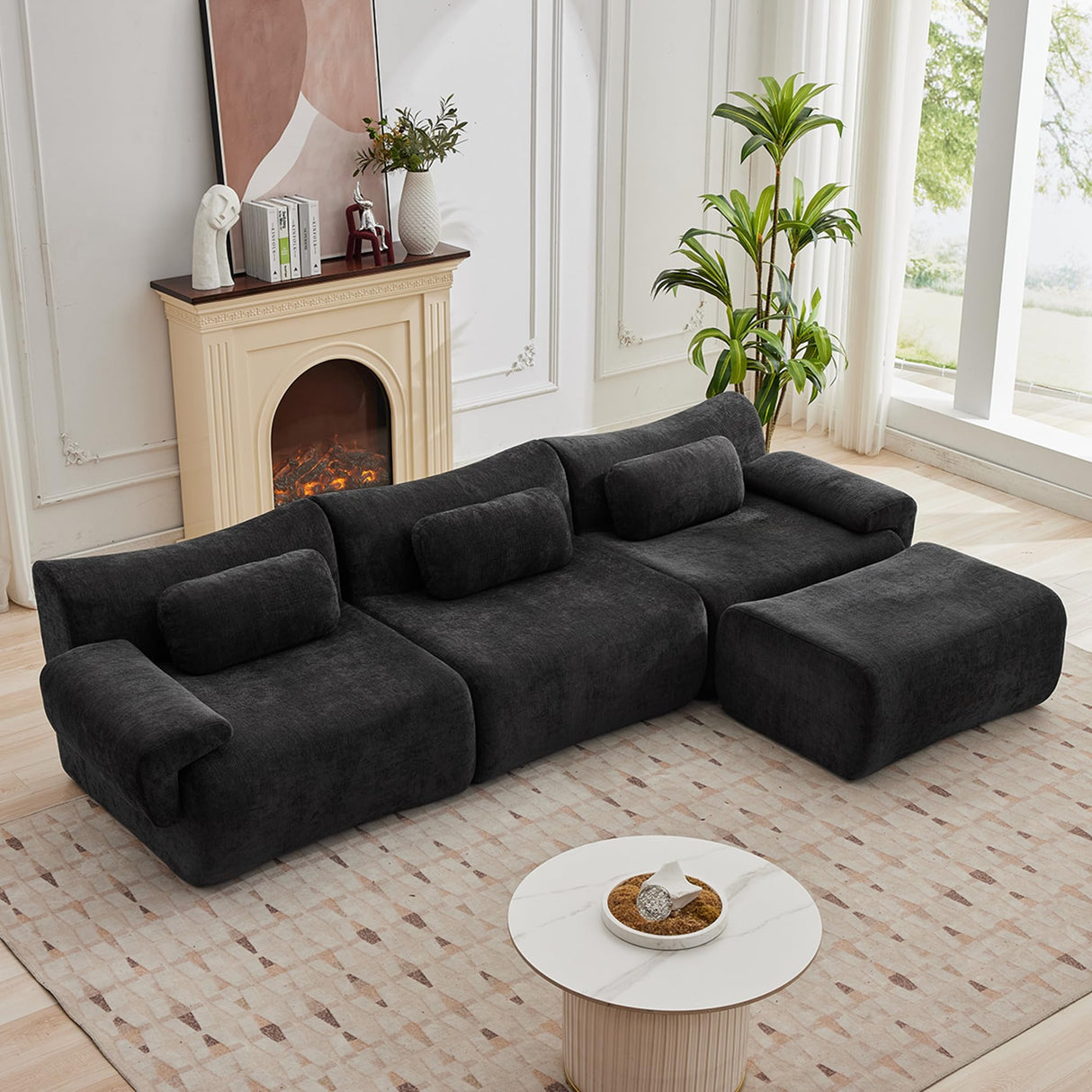 MAXMXX 117”L Shaped Modern Sofa Modular Sectional Cloud Couch with Ottoman,Oversized Boneless Sofa,3+1 Seater Chenille Deep-Seat Sofa with 3 Pillows,Suitable for Living Room or Bedroom (Black) MAXMXX