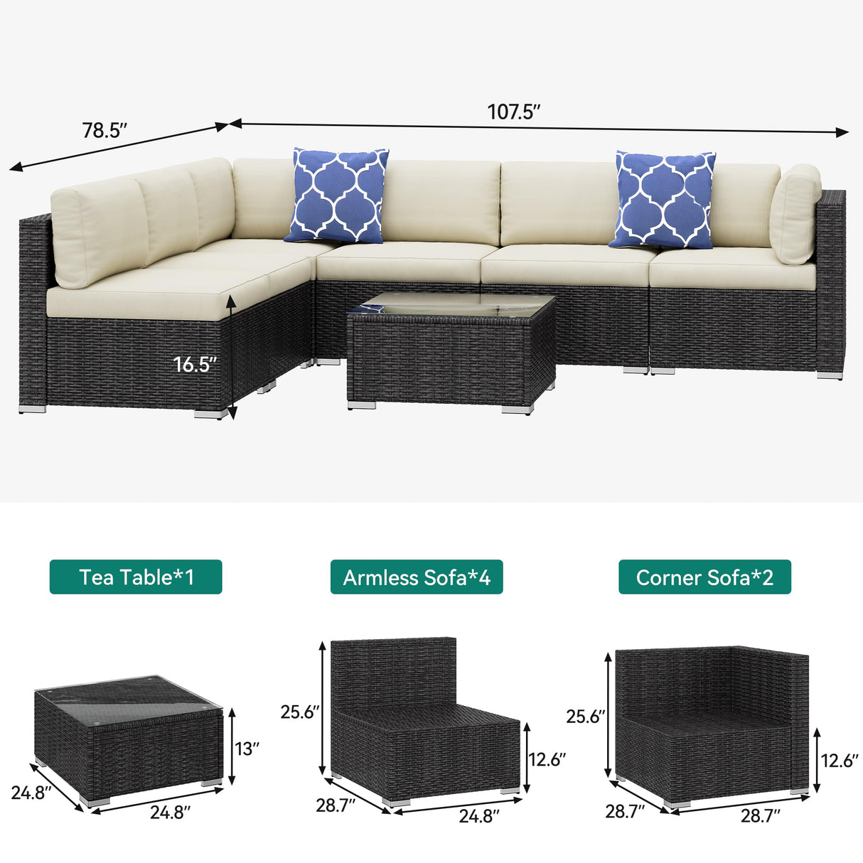 YITAHOME 7 Pieces Outdoor Patio Furniture Set, Sectional Sofa PE Rattan Wicker Conversation Set Outside Couch w/Table and Cushions for Porch Lawn Garden Backyard, Black YITAHOME