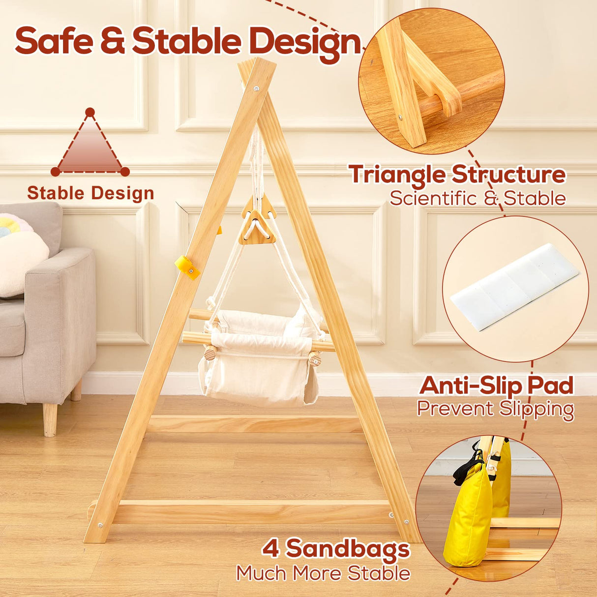 FUNLIO Wooden Swing Set for Toddlers 6-36 Months, Foldable Baby Swing Set with Durable Pine & Velcro, Portable Toddler Swing with 4 Sandbags & Extension Straps, Kid Swing for Indoor/Outdoor/Backyard FUNLIO