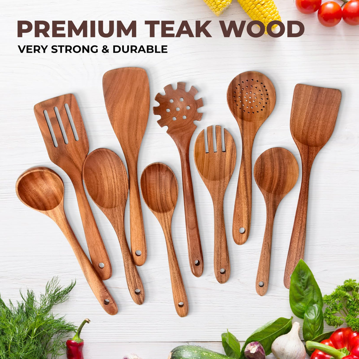 AIUHI Wooden Kitchen Utensils Set, Smooth Finish Wooden Spoons for Cooking, Teak Wood Cooking Utensils Set for Kitchen Essential Tools AIUHI