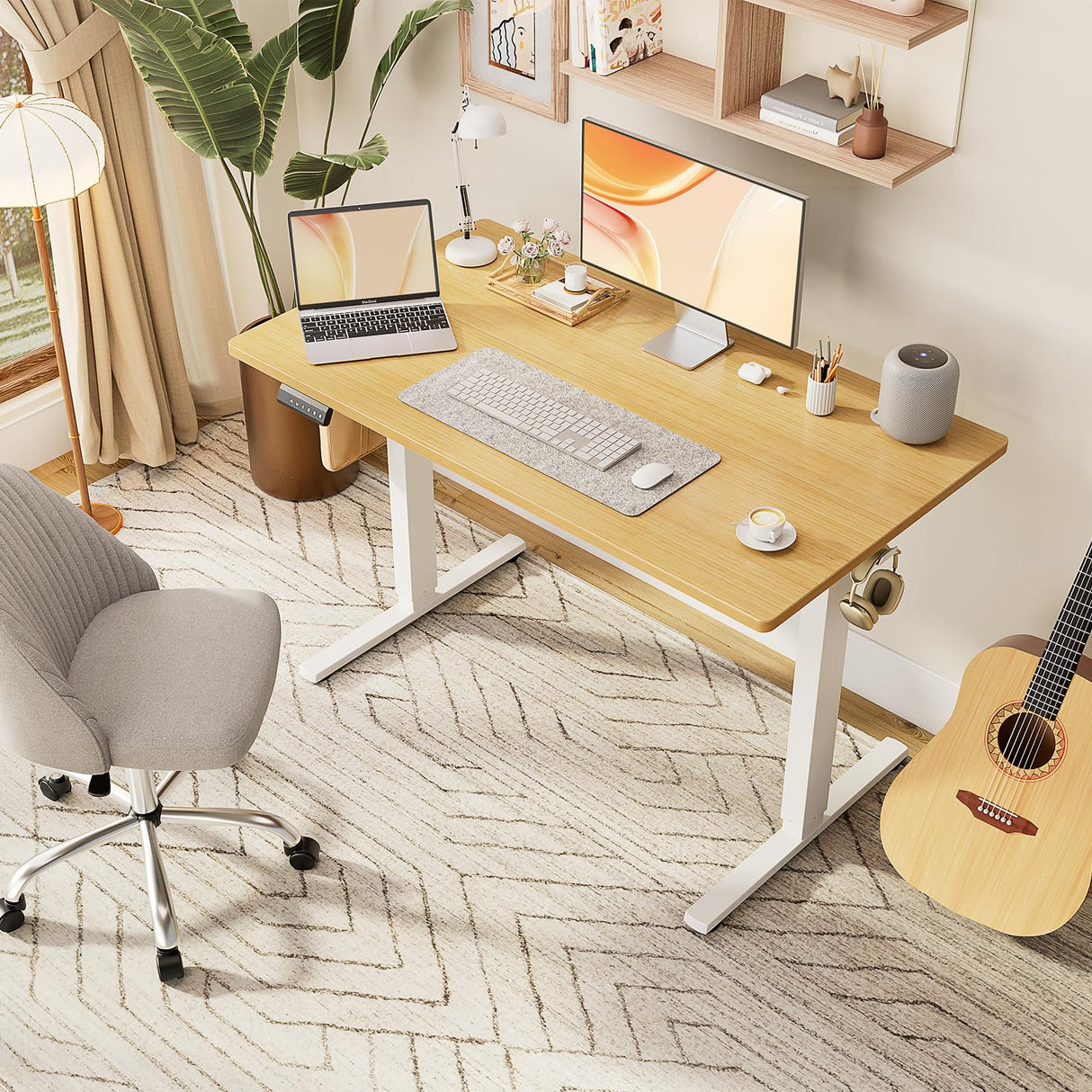 Sweetcrispy Electric Adjustable Height Standing Desk - 63 x 24 inch Sit to Stand Up Desk with Splice Board, Rising Home Office Computer Table with 2 Hook and Wire Hole for Work Sweetcrispy