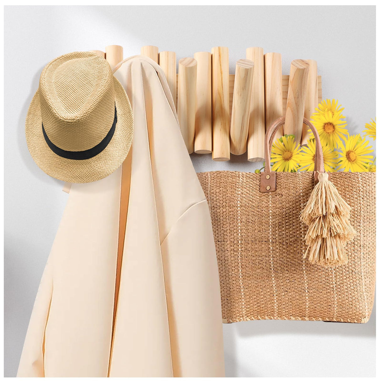 zQSFP Coat Rack Wall Mount with 5 Foldable Hooks – Space-Saving Natural Wood Storage Organizer for Entryway, Bedroom, or Office – Sleek Design, Easy Installation (Big Nature) zQSFP