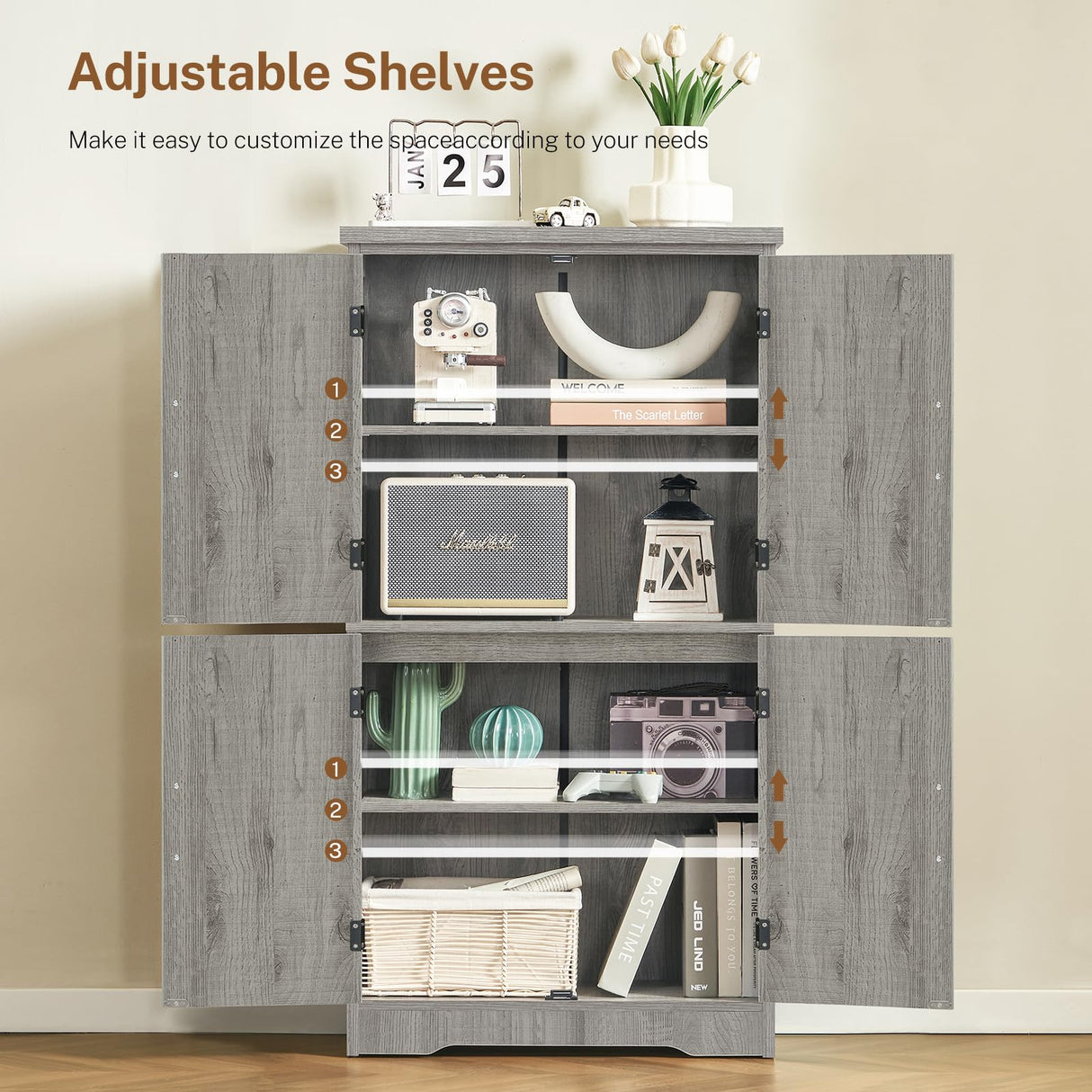 TEENFON Farmhouse Storage Cabinet with 2 Adjustable Shelves, Bathroom Cabinet with 4 Doors, Cupboard for Kitchen, Living Room, Rustic Gray TEENFON