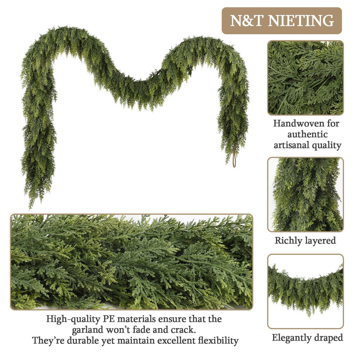 N&T NIETING 9ft Christmas Cedar Garland with Realistic Soft Thickness Pine, Artificial Green Faux Cedar Pine Garland for Fireplace Mantle Fireplace Indoor Outdoor Holiday Party Home Decoration N&T NIETING