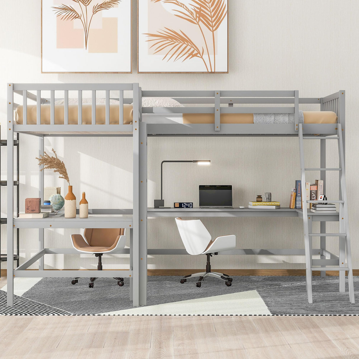 CITYLIGHT Twin Size L-Shaped Loft Bed with Built-in Desks – Grey, Perfect for Kids and Teens CITYLIGHT