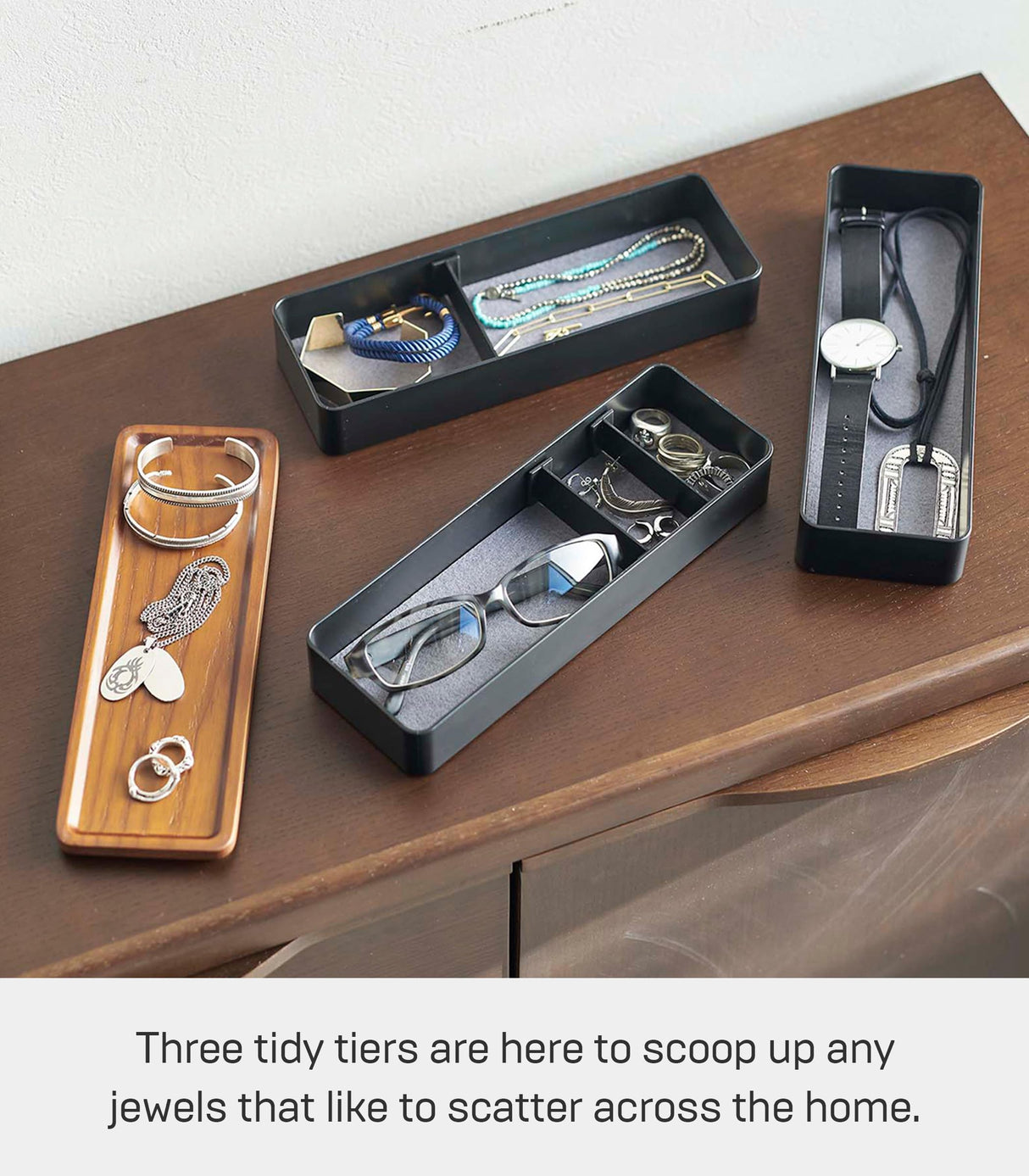 Yamazaki Home Rin Stacking Watch And Accessory Case, Jewelry Box Organizer For Glasses, 3-Tier - Accessories - Plastic + Wood, Black YAMAZAKI