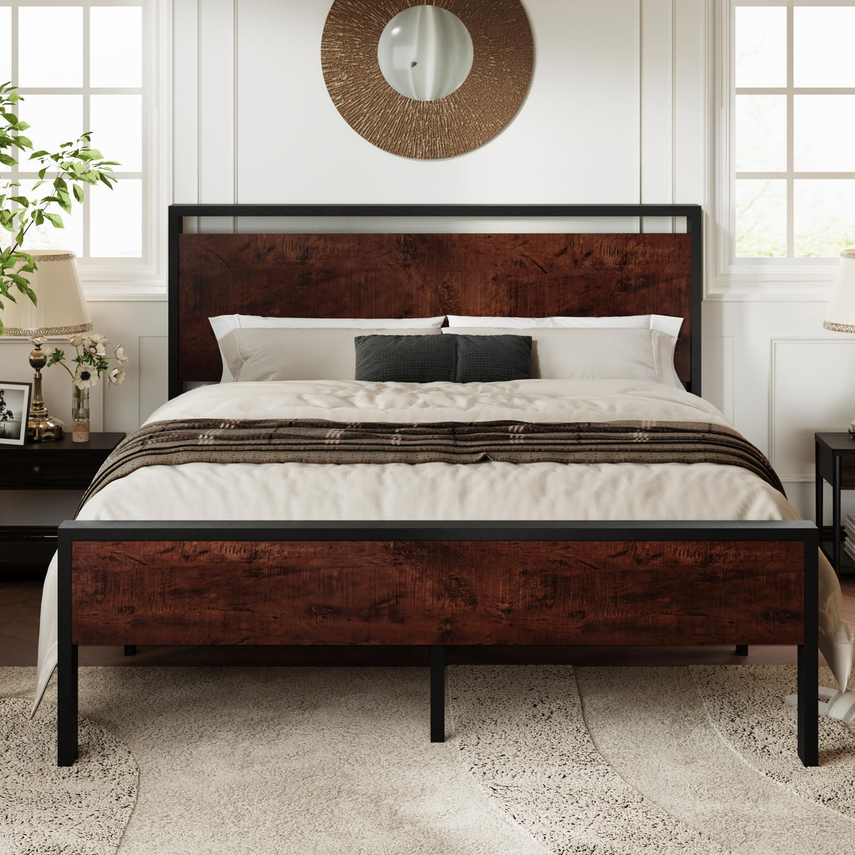 Allewie Queen Size Heavy Duty Platform Bed Frame with Elegant Wooden Headboard and Footboard in Mahogany Allewie