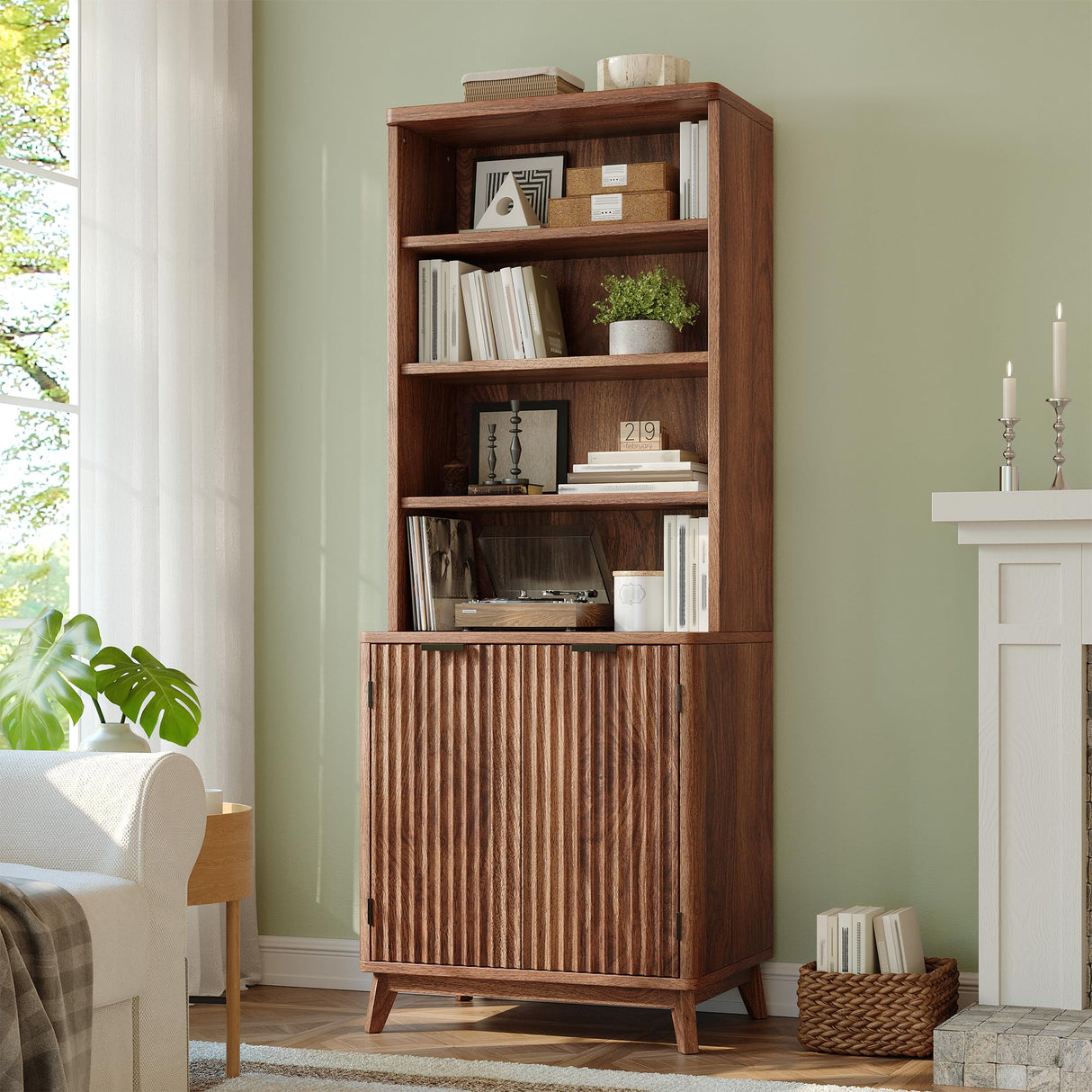 DurayLoly Tall Bookshelf with Doors, 6-Tier Bookcase with Adjustable Shelves & Storage,Fluted Cabinet Mid-Century Modern Wooden Book Shelf for Home Office, Living Room, Kitchen, Walnut DurayLoly