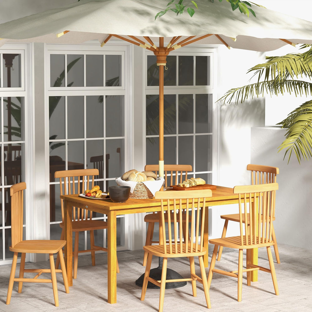 Outsunny Rectangle Patio Table for 6, Outdoor Dining Table with Umbrella Hole, Acacia Wood Table for Garden, Backyard, Deck, Natural Wood Outsunny