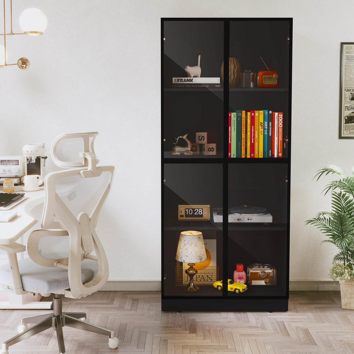 HLR Display Cabinet with Glass Doors, Tall Storage Cupboard, Freestanding Curio Display Cabinet with 4-Tier Storage Shelves for Collectibles, Living Room, Home Office HLR