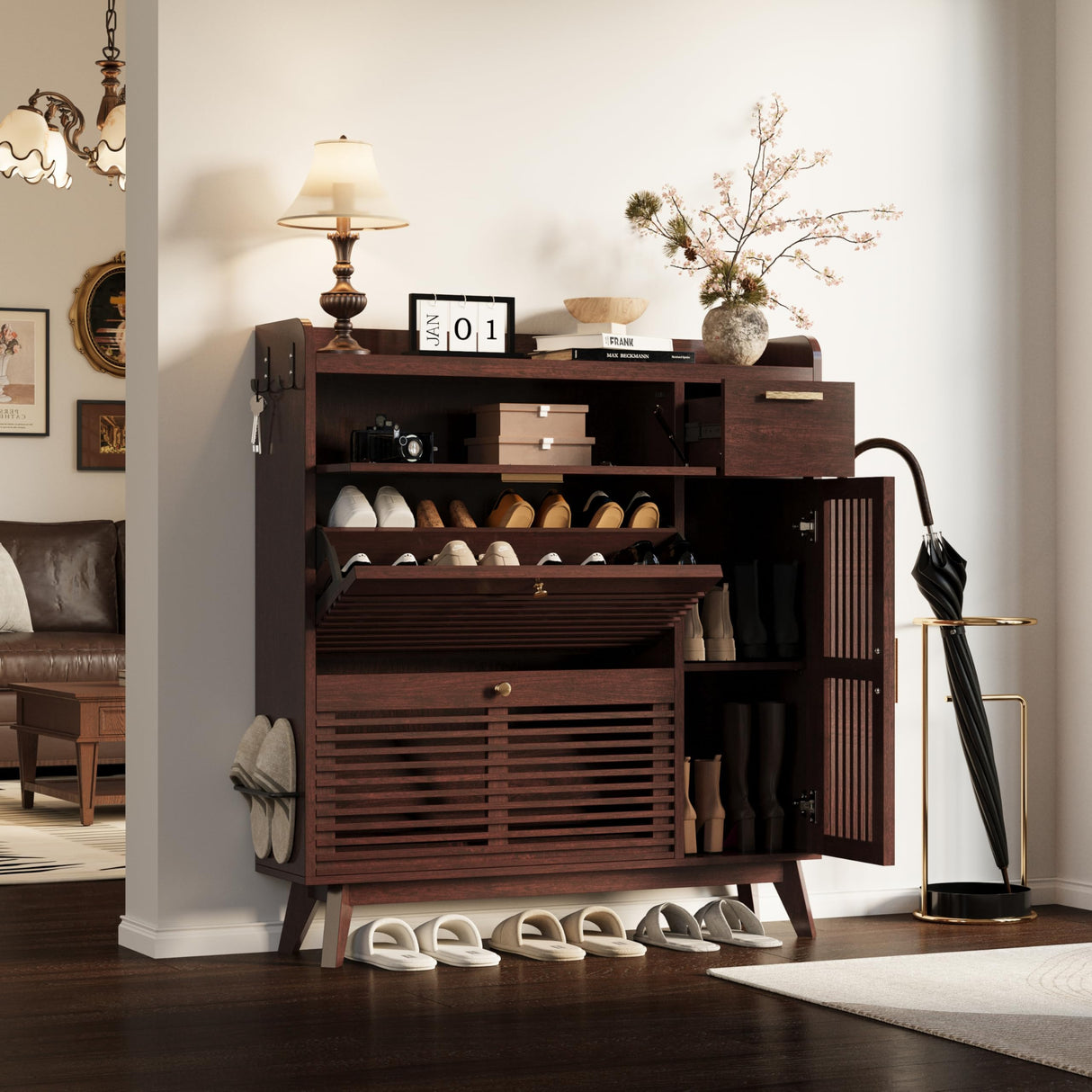 IRONCK Shoe Cabinet, Mid Century Shoe Storage with 2 Flip Drawers & Grille Doors Design, Shoe Rack Cabinet with Hooks and Side Cabinet, Shoe Organizer for Entryway, Natural Red Walnut IRONCK