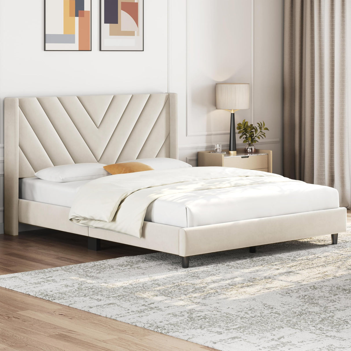 Yaheetech Full Bed Frame Upholstered Platform Bed with Wing Side Tufted Headboard/Sturdy Wooden Slat Support/No Box Spring Needed/Mattress Foundation,Beige Full Bed Yaheetech