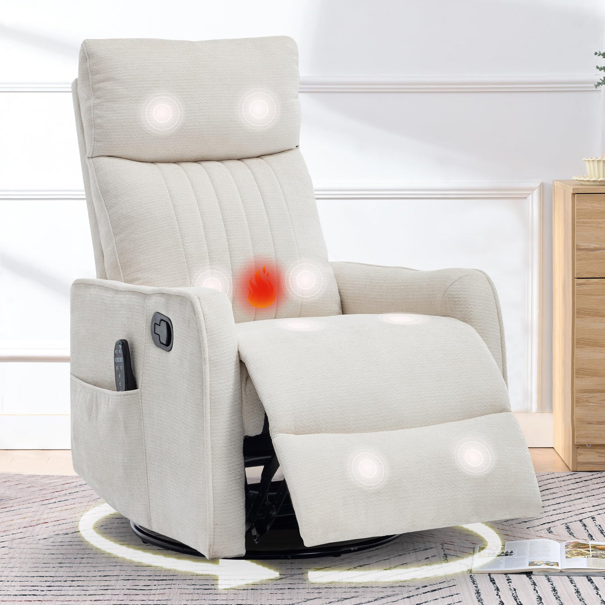 cinkehome Swivel Rocker Recliner, Glider Rocking Recliner Chair for Nursery, Manual Reclining Chair with Heated Massage, Small Spaces, Living Room, Off-White Chenille cinkehome