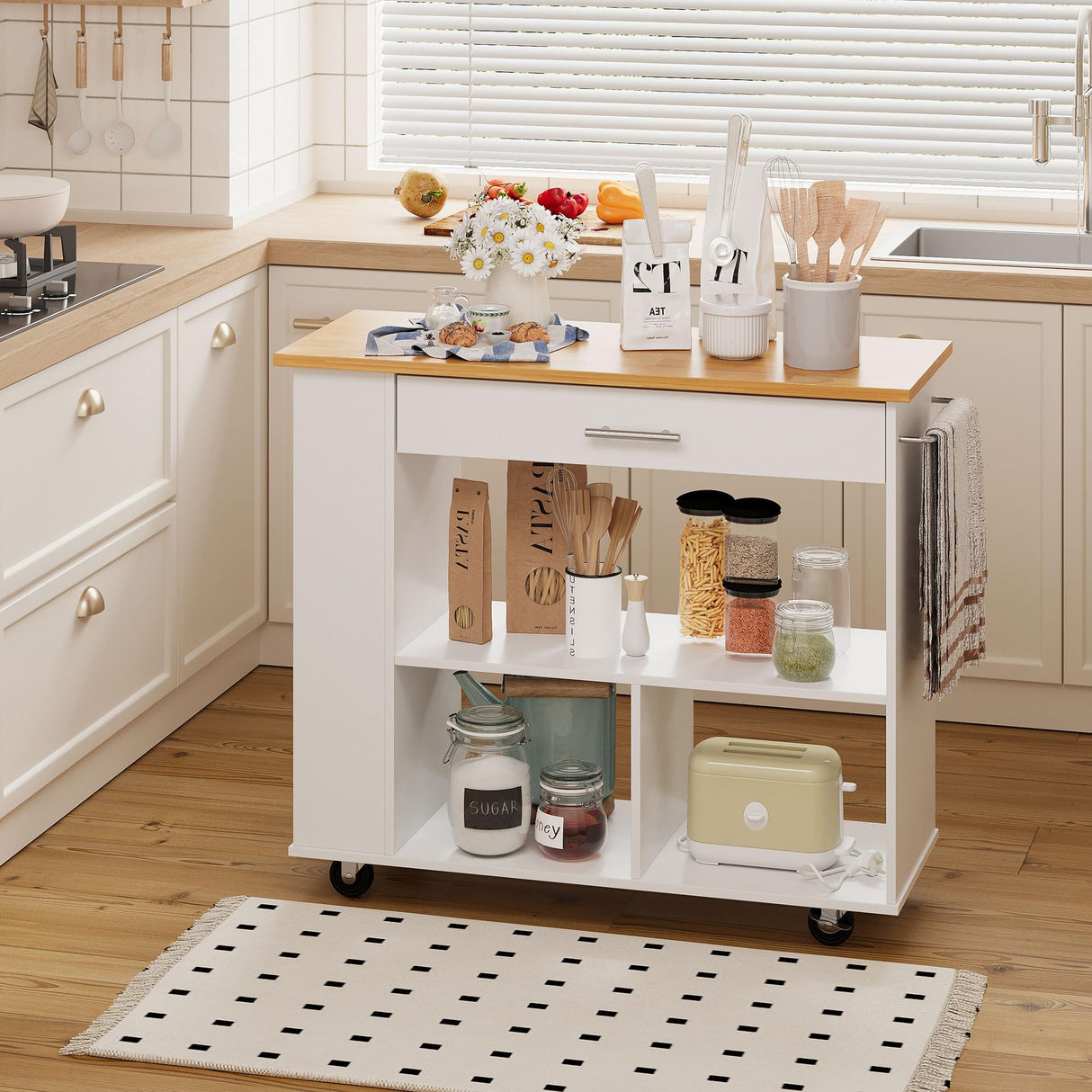 Shintenchi Kitchen Island on Wheels with Storage, Wheeled Island & Cart with 3-Tier Spice Rack, 3 Open Shelves and 1 Drawer, White Shintenchi