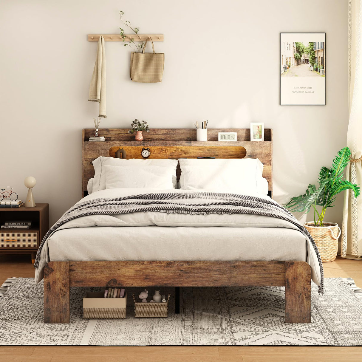 ivoros Wooden Queen Size Bed Frame with Storage Headboard, Rustic Farmhouse Platform Bed Frame Queen with Charging Station & LED Lights, 12 Wood Slats Support, No Box Spring Needed,Dark Brown ivoros