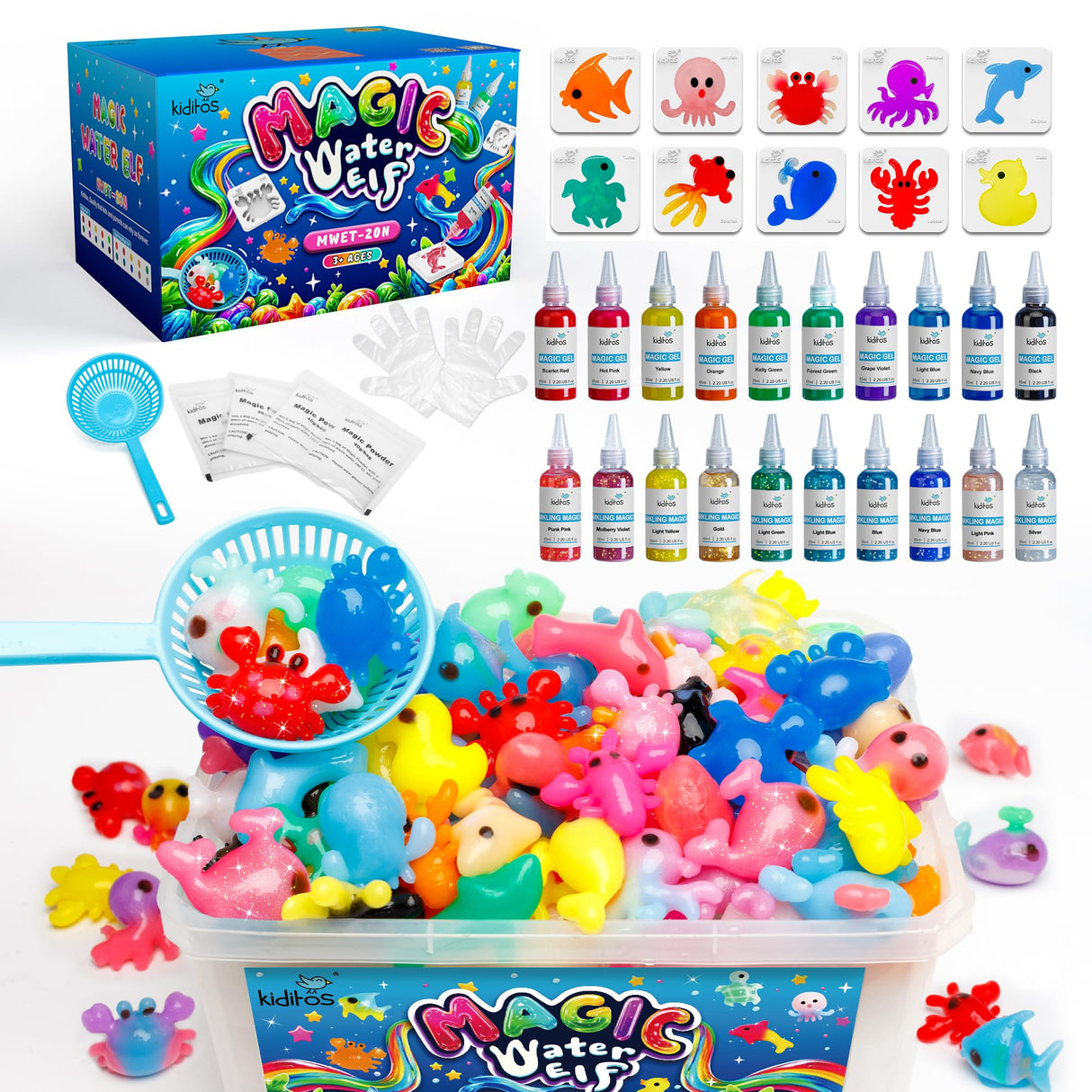 Kiditos Magic Water Elf Toy Kit, Aqua Fairy Water Gel Kit with 20 Magic Gels, 10 Sea Creature Molds. Christmas Gifts, Birthday Gifts, Party Favors, Arts & Crafts DIY STEM for Kids(20 Colors) Kiditos